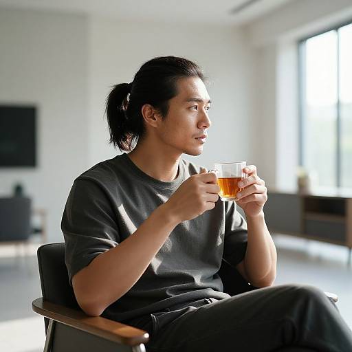 Photograph of an Asian man with black hair in a ponytail, wearing a black shirt, sipping iced tea in a sunlit modern room
