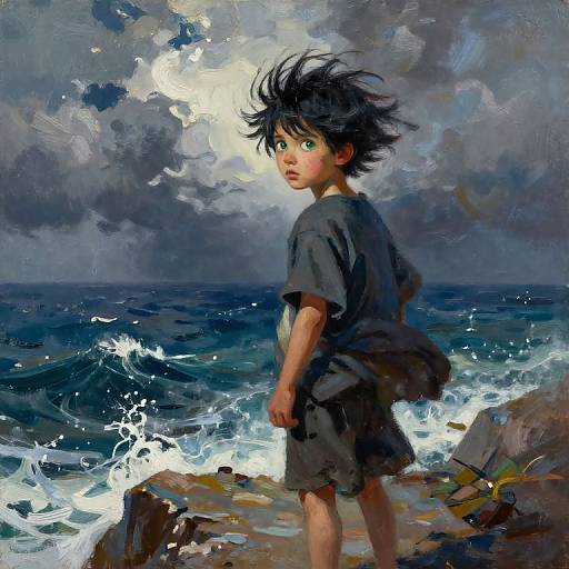 Digital painting of a young boy with spiky black hair, green eyes, and a loose gray shirt, standing on rocky shore, looking back at turbulent