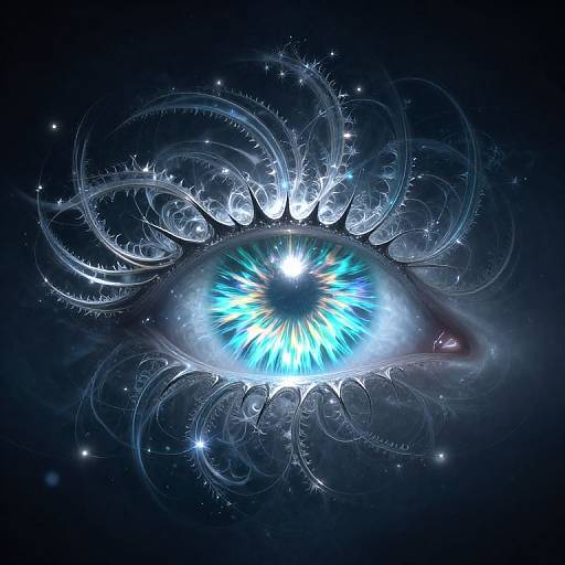 Digital artwork of a glowing blue and white spiral-eyed iris surrounded by intricate, swirling, star-like patterns on a dark blue background.