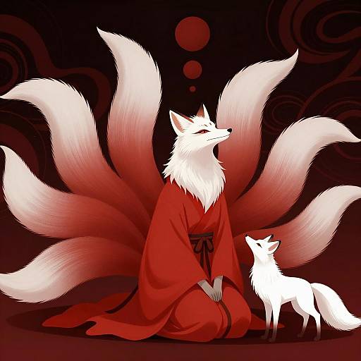 Nine-Tailed White Fox with Robed Figure and Small Fox
