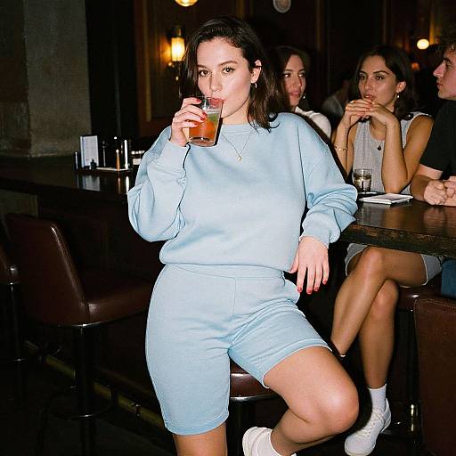 Photograph of a woman in light blue sweatshirt and shorts, sipping a drink, seated at a dimly lit bar with three other people in