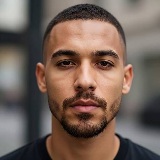 Close-up photograph of a young, light-skinned Black man with short-cropped hair, trimmed beard, and neutral expression, wearing a black shirt,