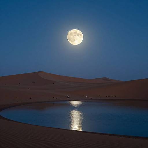 Photograph of a full moon illuminating a calm desert lake, with dark sand dunes in the background and a reflection of the moon on the water