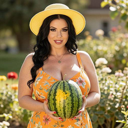 Photograph of a curvy woman with long black hair, wearing a yellow sunhat and orange floral dress, holding a watermelon in a sunlit