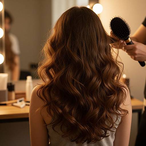Photograph of a woman with long, wavy brown hair, facing away as someone brushes it with a black spiky brush in a brightly lit dressing