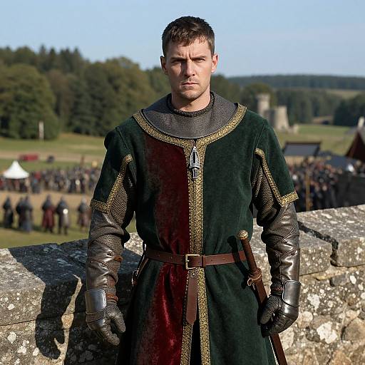 Photograph of a serious, fair-skinned, short-haired man in medieval armor and green tunic, standing on a stone wall, with a blurred