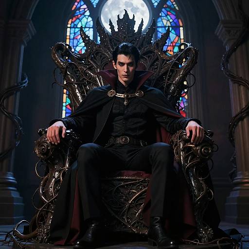 Photograph of a dark-haired man in a black cloak and high-backed, ornate throne with twisted metal arms, seated in a Gothic church with a