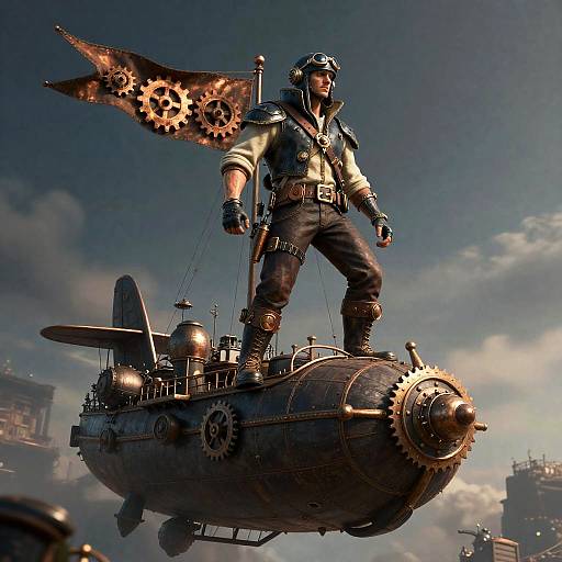 Steampunk Aviator on Floating Junkyard Airship