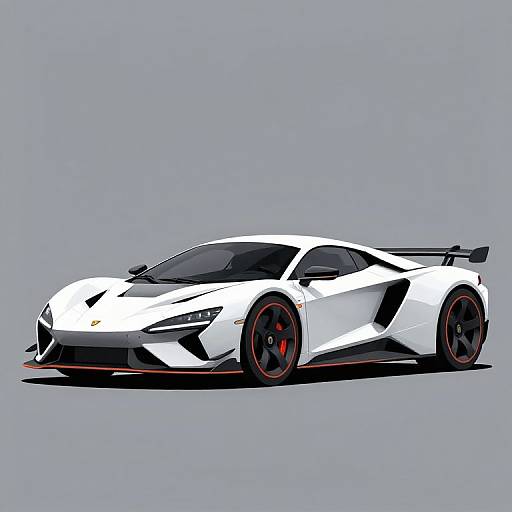 Digital illustration of a sleek, white Lamborghini Aventador with black accents, red rims, and a rear wing, set against a gray background.