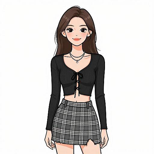 Anime-style digital drawing of a young woman with long brown hair, black crop top, and plaid skirt, smiling against a white background.