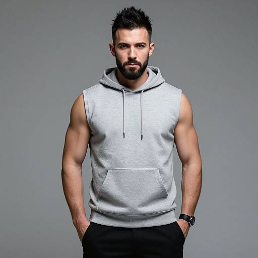 Muscular Bearded Man in Gray Hoodie