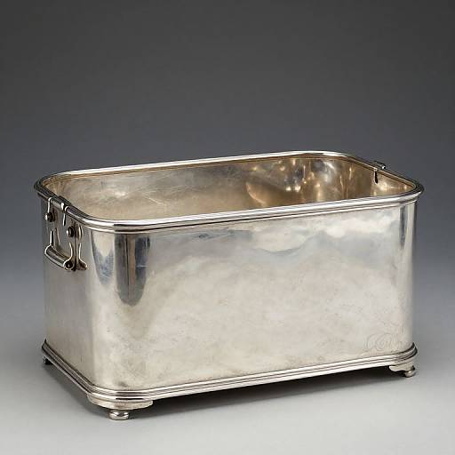 Photograph of a rectangular, silver metal ice bucket with a polished surface, filled with ice cubes, set against a gradient blue-gray background.