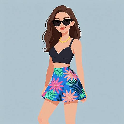 Digital illustration of a stylish woman with long brown hair, black sunglasses, black crop top, and colorful floral skirt against light blue background.