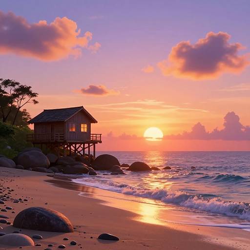Photograph of a wooden beach hut on stilts at sunset, with vibrant orange and pink sky, clouds, ocean waves, and large rocks on the