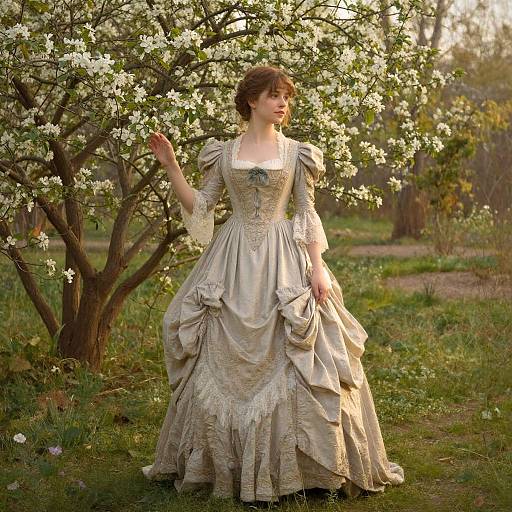 Photograph of a woman in an elaborate, vintage, cream-colored lace dress, standing in a lush, blossoming orchard at sunset.