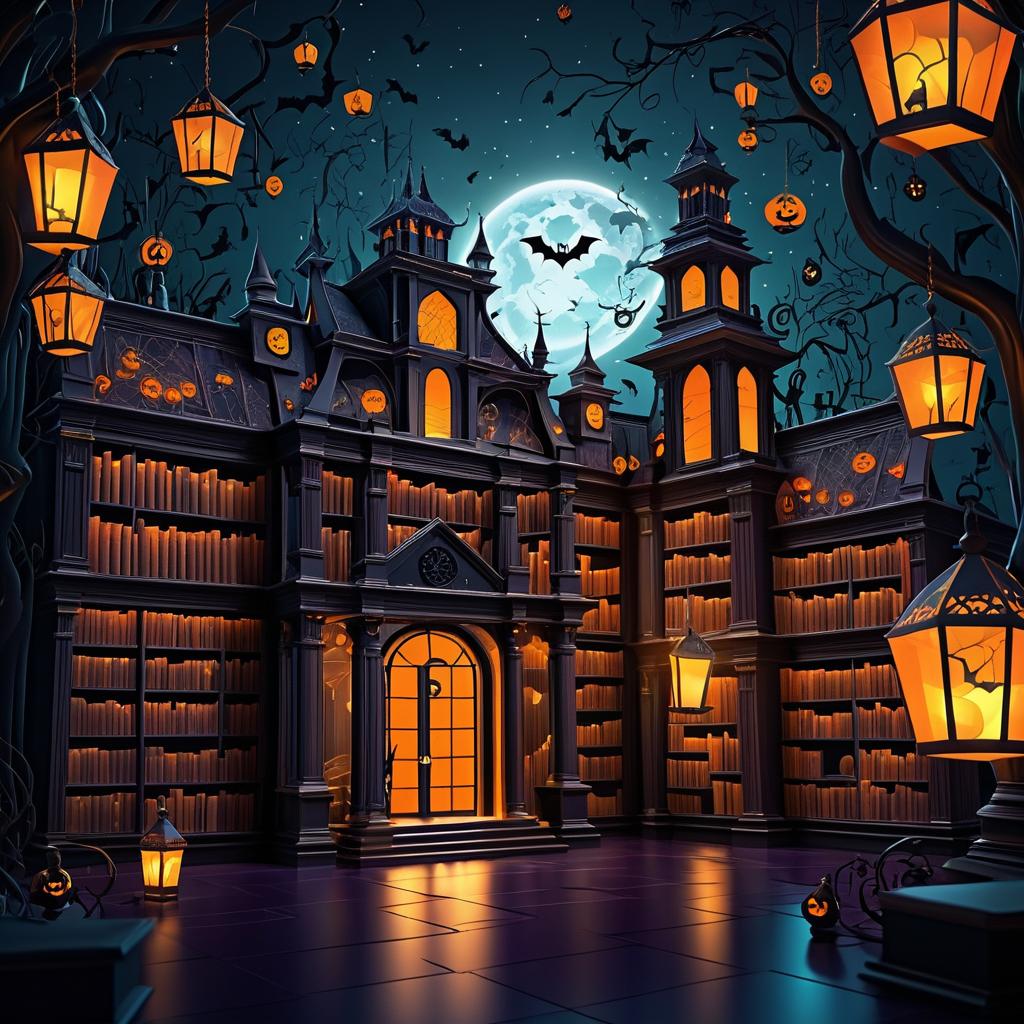 Eerie Cartoon Halloween Library Scene