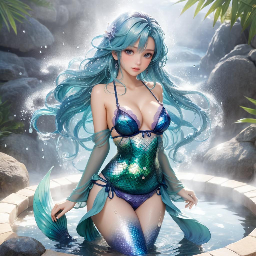 Sultry Mermaid in Steamy Hot Spring