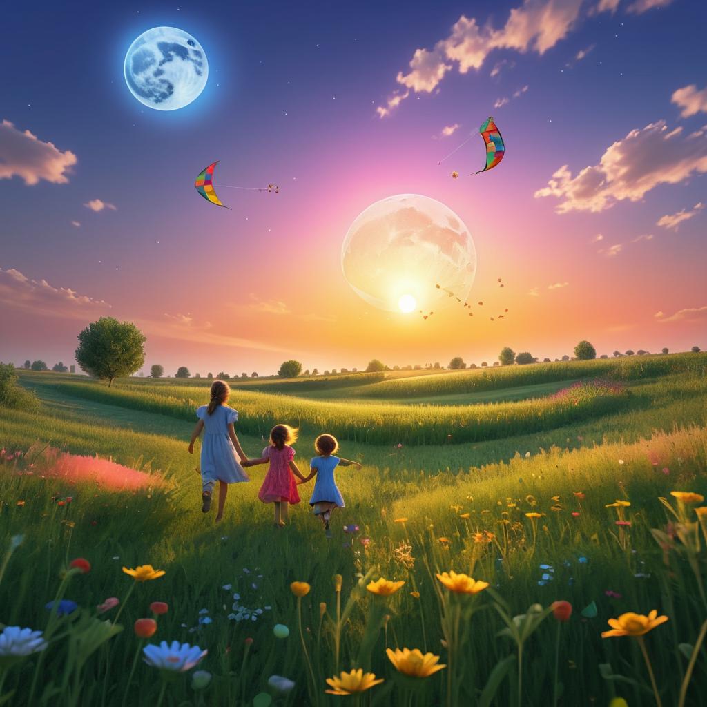 Children Flying Kites Under Moonlit Sky