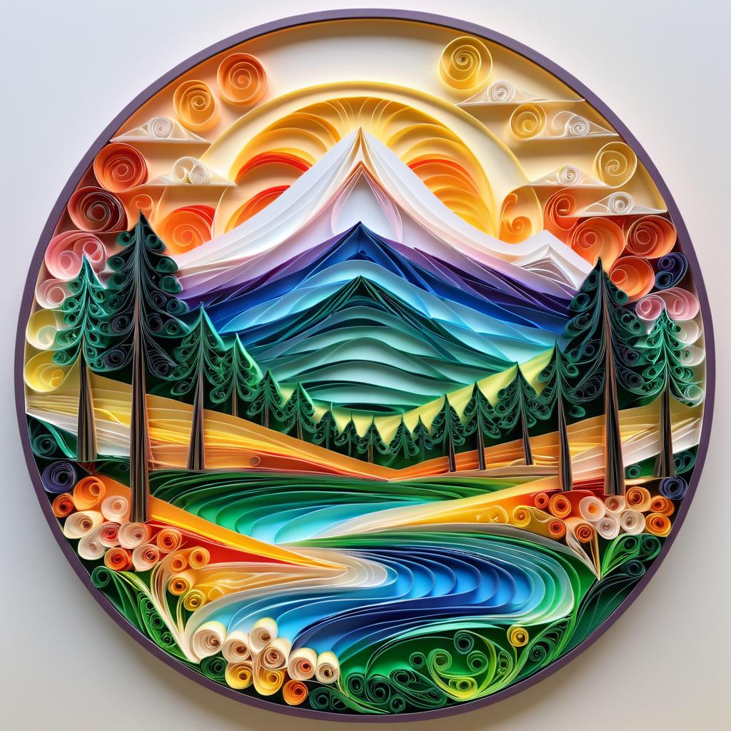 Serene Mountain Sunrise in Paper Quilling