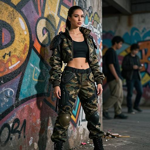 Photograph of a confident, fit woman with dark hair in camouflage jacket and pants, standing against graffiti-covered concrete wall, holding a gun, with blurred