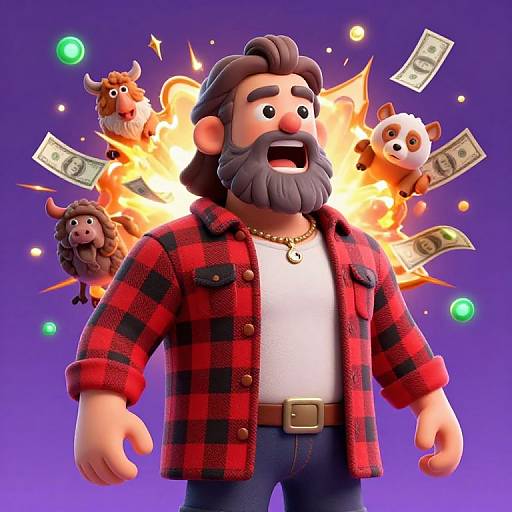 Bearded man in red plaid shirt, white tee, and jeans, surrounded by cartoon animals and money exploding from his back. Digital art.