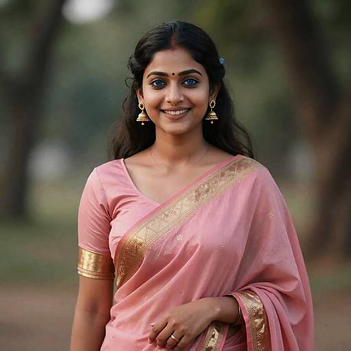 Indian Woman in Pink Saree with Blue Eyes
