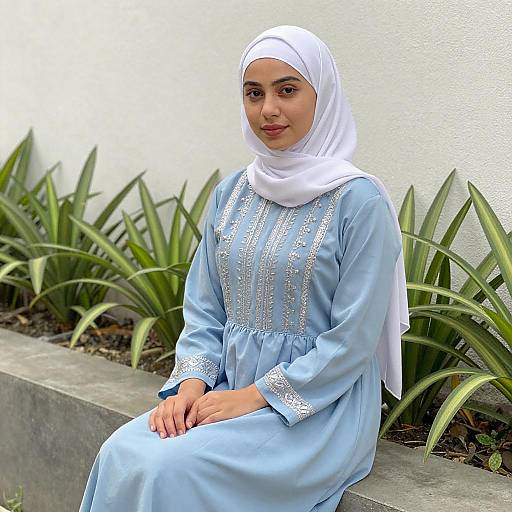 Young Woman in Blue Dress and Hijab