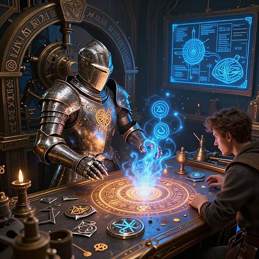 Photorealistic digital artwork of a medieval alchemist in shiny, ornate armor, casting a blue magical spell on a glowing circular sigil, with