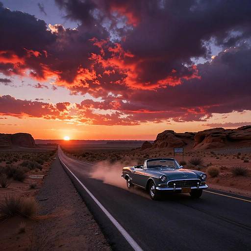 Photograph of a classic silver convertible driving on a desert road at sunset, with dramatic red and orange clouds overhead.