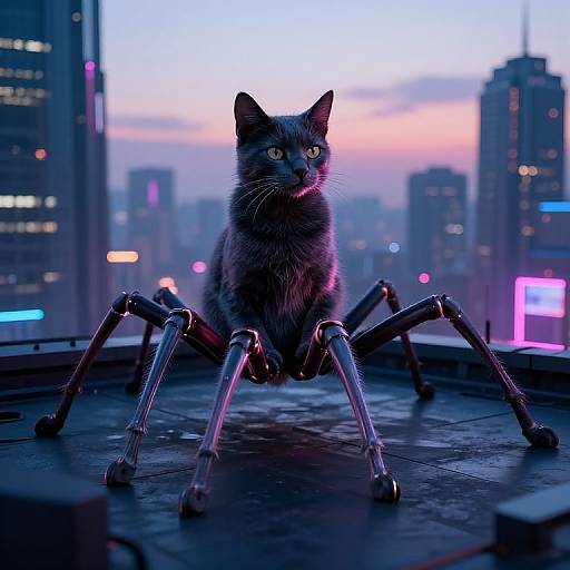 Photorealistic digital artwork of a gray cat with glowing yellow eyes sitting on robotic spider legs, overlooking a neon-lit cityscape at dusk.