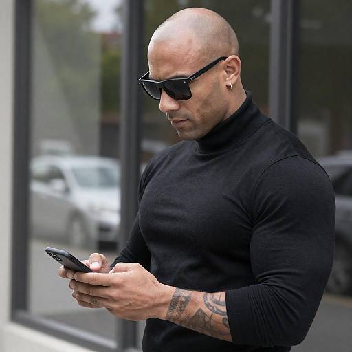 Bald Muscular Man Holding Smartphone