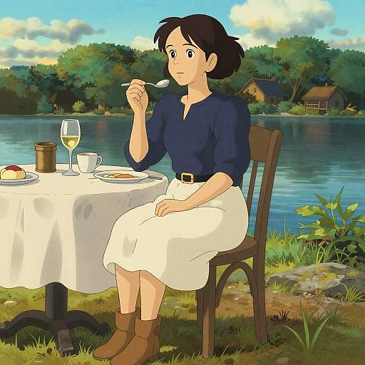 Digital drawing of a woman with short black hair, wearing a navy blue blouse and white skirt, eating at a lakeside table.