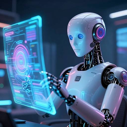 Photorealistic CGI of a white, futuristic, humanoid robot with blue glowing eyes, interacting with a neon-blue holographic touchscreen in a dimly lit