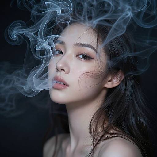 Photograph of a young Asian woman with pale skin, dark hair, and blue-gray smoke swirling around her face against a dark background.