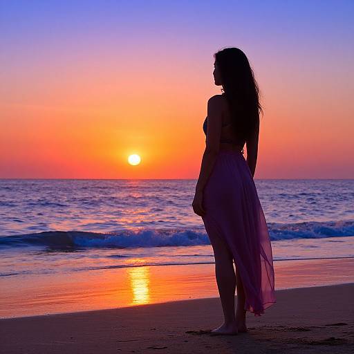 Silhouetted woman with long hair in a flowing dress stands on a beach at sunset, with vibrant orange and purple sky.