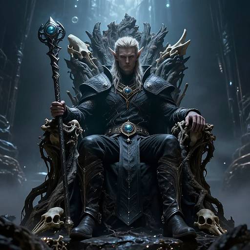 Digital art of a white-haired, elven king with pointed ears, seated on a throne adorned with skulls and bones, holding a glowing staff, in