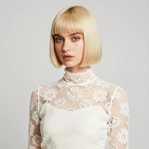 Photograph of a blonde woman with a bob haircut, wearing a white lace top, against a plain white background. She has fair skin and blue eyes