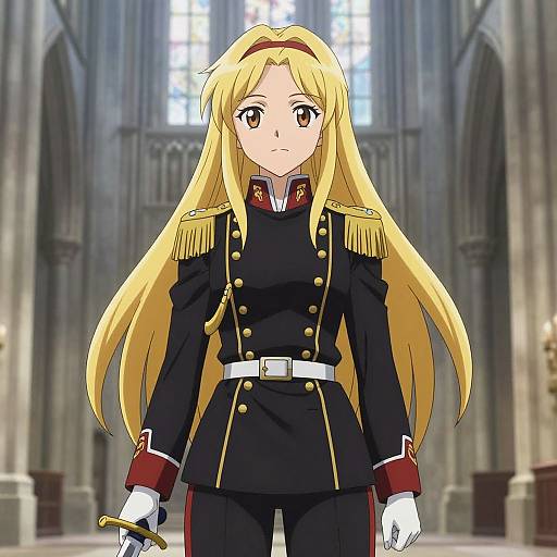 Anime-style digital drawing of a blonde woman with long hair, wearing a black military uniform with gold epaulettes, standing in a grand cathedral.