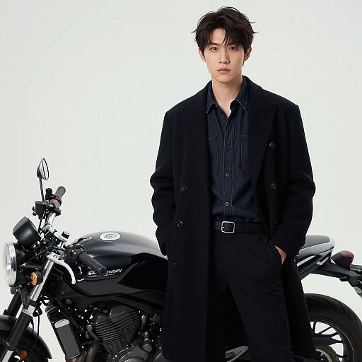 Photograph of an Asian man with short, messy black hair, wearing a black coat and shirt, standing beside a black Yamaha motorcycle against a white background