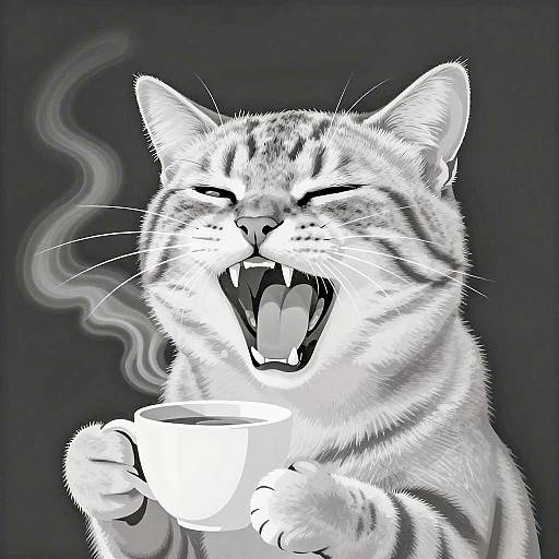 Black and White Cat Roaring with Coffee Cup