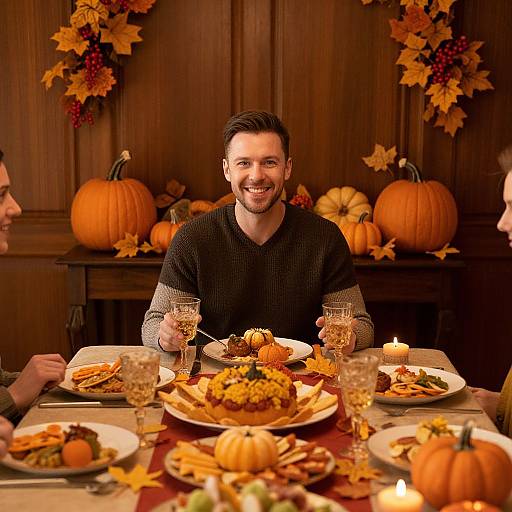 Photograph of a smiling man with short brown hair, wearing a black sweater, seated at a Thanksgiving table adorned with pumpkins, autumn leaves, and