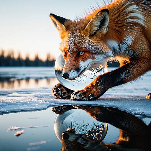 Fox with Glass Sphere on Frozen Lake