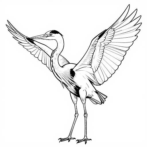 Black and white line drawing of a stork with wings spread, standing on one leg, detailed feathers, and sharp beak.