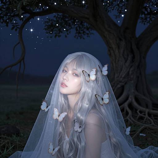 Photograph-style digital art: Pale, silver-haired woman with glowing face, translucent veil, surrounded by white butterflies, under starry night sky, beside