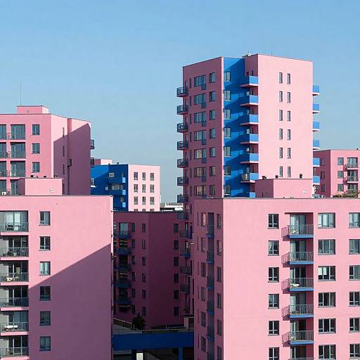 Photograph of pink and blue modern apartment buildings under a clear blue sky, featuring numerous balconies and sunlit windows.