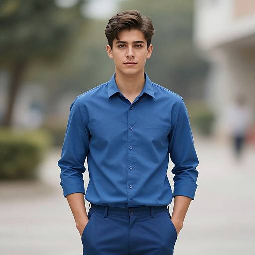 Photograph of a young man with short, dark hair wearing a blue button-up shirt and matching pants, standing with hands in pockets in a blurred,