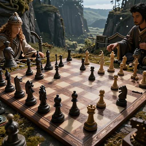 Photorealistic digital painting of medieval knights playing a chess match on a wooden board in a lush, mountainous landscape.