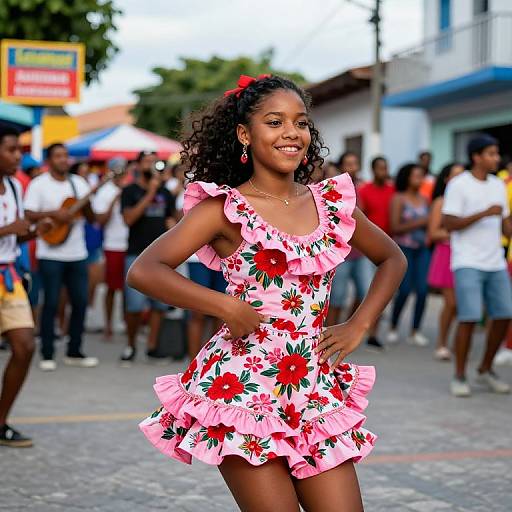 Photograph of a smiling Black woman with curly hair, wearing a pink floral dress with ruffles, dancing in a bustling outdoor street festival.