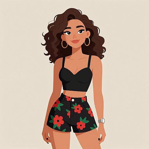 Digital illustration of a confident woman with wavy dark brown hair, wearing a black crop top, high-waisted floral shorts, hoop earrings, and