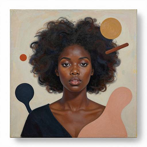 Digital painting of a dark-skinned Black woman with a natural afro, wearing a black top, surrounded by abstract shapes in yellow, red, and